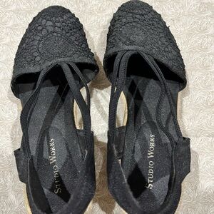 Studio Works Black Flats with Textured Upper and Crisscross Straps